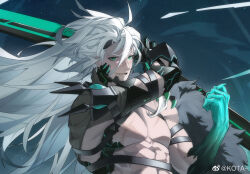 Rule 34 | 1boy, abs, alchemy stars, alternate costume, bara, barton (alchemy stars), chest harness, clothes around waist, cross scar, floating hair, harness, holding, holding weapon, jacket, jacket around waist, kotakun, long hair, looking at viewer, male focus, navel, official style, open mouth, pectorals, scar, scar on chest, scar on face, scar on nose, scar on stomach, slit pupils, smile, solo, stomach, thick eyebrows, toned, toned male, weapon, white hair