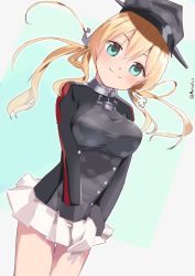 Rule 34 | 1girl, anchor hair ornament, aqua eyes, blonde hair, camouflage, cowboy shot, hair ornament, hat, highres, kantai collection, long hair, metadio, microskirt, military, military uniform, one-hour drawing challenge, peaked cap, pleated skirt, prinz eugen (kancolle), skirt, smile, solo, twintails, uniform, white skirt