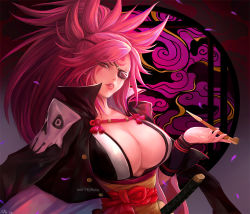 Rule 34 | 1girl, amputee, baiken, big hair, black jacket, black kimono, breasts, cherry blossoms, cleavage, eyepatch, facial tattoo, guilty gear, guilty gear xrd, jacket, jacket on shoulders, japanese clothes, kataginu, katana, kimono, large breasts, looking at viewer, lunariavi, multicolored clothes, multicolored kimono, obi, one-eyed, open clothes, open kimono, parted lips, pink hair, ponytail, red eyes, sash, scar, scar across eye, scar on face, smoking pipe, sword, tattoo, weapon, white kimono