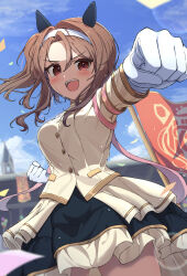 Rule 34 | 1girl, absurdres, animal ears, blue sky, blurry, blurry background, blush, brown eyes, brown hair, clenched hands, commentary request, confetti, cowboy shot, dress, ear covers, fist bump, flag, frilled dress, frills, gloves, hair ornament, hairband, headband, highres, horse ears, horse girl, horse tail, jacket, king halo (noble white cheer attire) (umamusume), king halo (umamusume), official alternate costume, official alternate hairstyle, open mouth, outdoors, sevlhd hero, sky, smile, solo, sweat, tail, teeth, umamusume, upper teeth only, white gloves, white hairband, white jacket