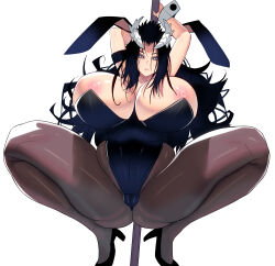 Rule 34 | 1girl, absurdres, animal ears, arms up, ass, belly, black footwear, black hair, black leotard, black pantyhose, breasts, commission, fake animal ears, grey eyes, high heels, highres, horns, huge breasts, kouno (masao), leotard, long hair, looking at viewer, nipple slip, nipples, pantyhose, parted bangs, playboy bunny, pole dancing, rabbit ears, skeb commission, solo, spread legs, squatting, stomach, thick thighs, thighs, undersized clothes, very long hair, white background, wrist cuffs