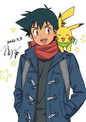 Rule 34 | 1boy, :d, antenna hair, ash ketchum, black hair, brown eyes, commentary request, creatures (company), dated, game freak, gen 1 pokemon, highres, jacket, male focus, nintendo, on shoulder, open clothes, open jacket, open mouth, pikachu, pokemon, pokemon (anime), pokemon (creature), pokemon on shoulder, red scarf, scarf, short hair, signature, smile, star (symbol), strap, sweater, tamura (kouititamura), teeth, tongue, upper teeth only
