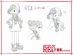 Rule 34 | 1girl, aged down, bare legs, boots, character name, character sheet, child, dated, dress, full body, grin, hand on own hip, headphones, highres, jacket, long hair, looking at viewer, looking to the side, monochrome, multicolored hair, multiple views, music, oda eiichirou, official art, one piece, one piece film: red, open mouth, simple background, singing, smile, solo, standing, title, two-tone hair, upper body, uta (one piece), very long hair, white background
