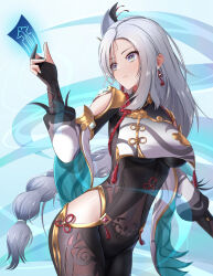 Rule 34 | 1girl, bare shoulders, black gloves, blue background, bodystocking, breasts, clothing cutout, commentary, cowboy shot, dealesis, genshin impact, gloves, grey eyes, grey hair, grey shirt, hair ornament, hand up, head tilt, highres, hip vent, large breasts, long hair, ofuda, shenhe (genshin impact), shirt, shoulder cutout, solo, standing, thighs, very long hair