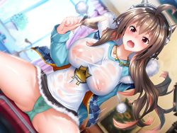 Rule 34 | 1girl, ahoge, asahi, blush, breasts, brown hair, censored, cleavage, cosplay, female focus, food, headphones, horns, ice cream, large breasts, lilith-soft, long hair, looking at viewer, moaning, motion lines, no bra, panties, partially visible vulva, red eyes, rina (taimanin asagi), shiny skin, smile, solo, spread legs, super sonico (cosplay), sweat, taimanin (series), taimanin asagi, taimanin rpgx, underwear