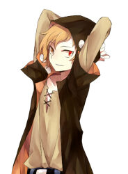 Rule 34 | 1boy, arms behind back, belt, belt buckle, black belt, blonde hair, blue pants, bookcage, brown shirt, buckle, casual, circle, collarbone, commentary, cross-laced slit, heterochromia, hood, hood up, hoodie, kagerou project, kano shuuya, layered sleeves, long sleeves, looking at another, male focus, mekakucity actors, open clothes, orange hoodie, pants, parted lips, red eyes, shirt, short hair, short over long sleeves, short sleeves, simple background, smile, solo, two-tone hoodie, upper body, white background, yellow eyes