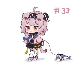 Rule 34 | 1girl, ahoge, animal, animal ears, arknights, black hairband, black skirt, blue bow, blush, bow, braid, brown eyes, cat ears, cat girl, cat tail, closed mouth, commentary, english commentary, fish, goldenglow (arknights), hair bow, hair over shoulder, hairband, holding, holding leash, irene (arknights), jacket, kurotofu, leash, lightning bolt print, long sleeves, open clothes, open jacket, pink hair, pink jacket, print hairband, puffy long sleeves, puffy sleeves, shadow, shirt, short eyebrows, simple background, single braid, skirt, smile, solo, tail, thick eyebrows, walking, white background, white shirt