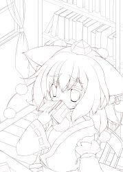 Rule 34 | 1girl, absurdres, animal ears, book, bookshelf, chair, covering own mouth, detached sleeves, eyebrows, highres, inubashiri momiji, lineart, monochrome, sakurano asahi, short hair, solo, squiggle, touhou, transparent background, window, wolf ears