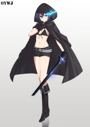 Rule 34 | 1girl, bikini, bikini top only, black bikini, black cloak, black footwear, black gloves, black rock shooter, black rock shooter (character), black shorts, blue eyes, blue hair, boots, breasts, cleavage, cloak, closed mouth, flaming eye, front-tie bikini top, front-tie top, frown, full body, gloves, gradient background, grey background, hair between eyes, highres, holding, holding sword, holding weapon, hood, hood up, hooded cloak, knee boots, looking at viewer, midriff, navel, oywj, short hair, short shorts, shorts, sideboob, small breasts, solo, standing, stomach, swimsuit, sword, underboob, weapon, white background
