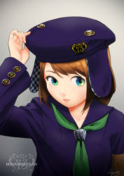 Rule 34 | 1girl, arm up, bad id, bad pixiv id, brown hair, cojibou, cuff links, green eyes, hand on headwear, hat, looking at viewer, minamimi-san, open mouth, original, short hair, solo