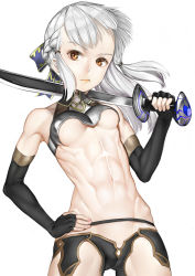Rule 34 | 1girl, abs, blouse, braid, fate/grand order, fate (series), fingerless gloves, gloves, hand on own hip, highres, muscular, muscular female, penthesilea (fate), shirt, simple background, sword, weapon, white hair, white shirt