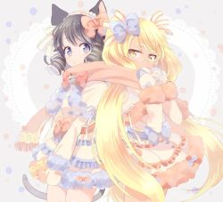 Rule 34 | 2girls, animal ears, bell, blonde hair, blue eyes, blue hair, bow, cat ears, cat girl, cat tail, cowboy shot, cyan (show by rock!!), dress, drill hair, glasses, hair bow, hairband, covering own mouth, jingle bell, kamo (purin), long hair, looking at another, looking to the side, medium hair, multiple girls, retoree (show by rock!!), scarf, shared clothes, shared scarf, show by rock!!, simple background, tail, very long hair, winter clothes, winter gloves, yellow eyes, yuri