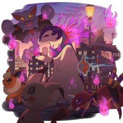 ariados black_sclera blue_fur building cloud colored_sclera colored_skin creatures_(company) crescent_moon dark fire flareon game_freak gen_1_pokemon gen_2_pokemon gen_4_pokemon gen_7_pokemon gliscor hisuian_typhlosion lamppost mimikyu mismagius moon nintendo no_humans pokemon pokemon_(creature) purple_eyes purple_fire purple_skin red_eyes red_fur rotom skyline wataame4907 yellow_eyes