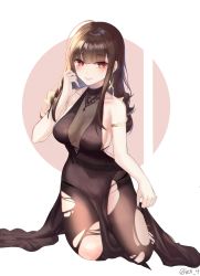 Rule 34 | 1girl, absurdres, ahoge, armlet, black dress, blunt bangs, breasts, brown hair, china dress, chinese clothes, cleavage, commentary request, dress, dsr-50 (girls&#039; frontline), dsr-50 (highest bid) (girls&#039; frontline), earrings, evening gown, gem, girls&#039; frontline, highres, ien 4, jewelry, large breasts, necklace, official alternate costume, pantyhose, red eyes, red gemstone, side slit, sidelocks, smile, torn clothes, torn legwear, white background