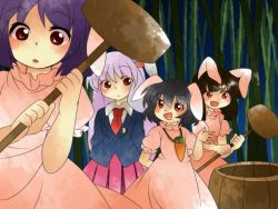 Rule 34 | 4girls, animal ears, black hair, blush, rabbit ears, female focus, hammer (sunset beach), inaba mob (touhou), inaba tewi, mallet, moon rabbit, multiple girls, necktie, open mouth, purple hair, red eyes, reisen udongein inaba, skirt, smile, touhou