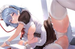 Rule 34 | 1girl, ako (blue archive), alternate costume, apron, blue archive, blue eyes, blue hair, blush, breasts, cameltoe, clothing cutout, cup, enmaided, fallen down, food, frills, fruit, hair between eyes, hairband, highres, large breasts, leash, long hair, looking at viewer, maid, maid apron, maid headdress, medium hair, panties, solo, strawberry, sweat, tears, thighhighs, thighs, underboob, underboob cutout, underwear, wet, white panties, yurancoco