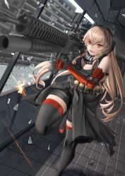 Rule 34 | 1girl, absurdres, ammunition belt, armband, assault rifle, bare shoulders, blonde hair, breasts, broken glass, chiyo goya, cleavage, cleavage cutout, clothing cutout, commentary, english commentary, girls&#039; frontline, glass, grin, gun, headgear, highres, large breasts, m4 carbine, m4 sopmod ii, m4 sopmod ii (girls&#039; frontline), mechanical arms, multicolored hair, pink hair, prosthesis, prosthetic arm, red eyes, rifle, running, single mechanical arm, smile, streaked hair, thighhighs, tile floor, tiles, toy block, weapon, window