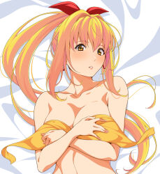 Rule 34 | 1girl, bikini, blonde hair, blush, breasts, cleavage, collarbone, commentary request, covering breasts, covering privates, hair intakes, hair ribbon, large breasts, long hair, looking at viewer, lying, marin (umi monogatari), on back, on bed, parted lips, ponytail, qwel 08, red ribbon, ribbon, sidelocks, solo, swimsuit, umi monogatari, untied bikini, yellow bikini, yellow eyes