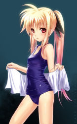 Rule 34 | 00s, 1girl, 40010prototype, ahoge, blonde hair, blush, cameltoe, character name, covered erect nipples, covered navel, fate testarossa, flat chest, gradient background, gradient hair, hair ribbon, highres, holding, legs, long hair, looking at viewer, looking back, lyrical nanoha, mahou shoujo lyrical nanoha, multicolored hair, one-piece swimsuit, parted bangs, profile, red eyes, ribbon, school swimsuit, shiny clothes, sidelocks, simple background, skindentation, solo, standing, swimsuit, thighs, third-party edit, towel, twintails, very long hair