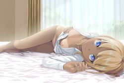 Rule 34 | 1girl, anchon, bed sheet, blonde hair, bloom, blue eyes, bottomless, breasts, collarbone, curtains, dress shirt, groin, gyaru, highres, indoors, legs together, lips, long sleeves, looking at viewer, lying, medium breasts, morning, nipples, no bra, on bed, on side, open clothes, open shirt, original, shirt, sidelocks, smile, solo, sunlight, tan, tanline, white shirt, window