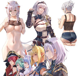 Rule 34 | 5girls, animal ear fluff, animal ears, armor, ass, barefoot, belt, black gloves, black headwear, blonde hair, blue hair, blue shorts, bottomless, bra, breasts, brown belt, camisole, carrot hair ornament, censored nipples, cleavage, closed mouth, clothes lift, convenient censoring, cow ears, cow horns, dark-skinned female, dark skin, don-chan (usada pekora), dress, elf, fingerless gloves, food-themed hair ornament, from behind, fur scarf, gloves, green eyes, grey hair, grin, hair bun, hair ornament, hair ribbon, hat, hololive, hololive fantasy, horns, houshou marine, large breasts, lifting own clothes, long hair, looking at viewer, multiple girls, multiple views, navel, off shoulder, parted lips, pirate hat, pointy ears, rabbit ears, red eyes, red hair, ribbon, seiza, shiranui flare, shiranui flare (old design), shirogane noel, shirogane noel (1st costume), shirt lift, short hair, shorts, sideways glance, simple background, single hair bun, sitting, skull hair ornament, smile, stomach, tiara, tight (ohmygod), underwear, uruha rushia, usada pekora, usada pekora (1st costume), virtual youtuber, white background