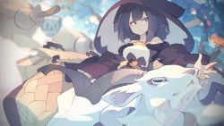 Rule 34 | 1girl, akitsu taira, animal, bare shoulders, basket, blue eyes, blurry, breasts, broom, bubble, closed mouth, day, depth of field, dress, goat, highres, long sleeves, looking away, low twintails, off-shoulder dress, off shoulder, original, outstretched arm, package, purple dress, purple hair, purple headwear, riding, road sign, sidesaddle, sideways glance, sign, sitting, sumilet (akitsu taira), sunlight, twintails