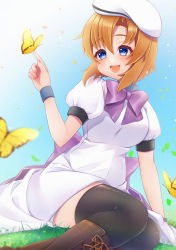 Rule 34 | 1girl, :d, black thighhighs, blue eyes, boots, bow, bowtie, brown footwear, brown hair, bug, butterfly, butterfly on hand, day, dress, grass, hair between eyes, hair intakes, hat, highres, higurashi no naku koro ni, insect, knee boots, medium hair, nekko (nxtuko), open mouth, outdoors, purple bow, purple bowtie, ryuuguu rena, shiny clothes, shiny legwear, short sleeves, sitting, smile, solo, thighhighs, white dress, white hat, wristband, zettai ryouiki