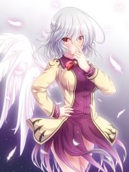 Rule 34 | 1girl, beige jacket, black background, blush, bow, bowtie, breasts, brooch, commentary request, cowboy shot, dress, feathered wings, feathers, gradient background, hair between eyes, hand on own hip, hand up, highres, jacket, jewelry, kishin sagume, large breasts, long sleeves, looking at viewer, open clothes, open jacket, osashin (osada), purple dress, red bow, red bowtie, red eyes, short dress, short hair, silver hair, single wing, solo, standing, thighs, touhou, white background, white wings, wings