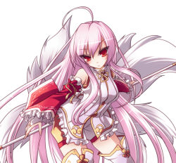 Rule 34 | 1girl, ahoge, alternate color, ara haan, ara han, detached sleeves, elsword, expressionless, fox tail, frills, little hsien (elsword), long hair, multiple tails, pink hair, red eyes, shirt, solo, staff, syarute, tail, thighhighs, white background