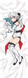 Rule 34 | 1girl, absurdres, bare shoulders, bed sheet, belt, black belt, boots, dakimakura (medium), elbow gloves, from above, gloves, grey footwear, grey gloves, high heel boots, high heels, highres, holding, holding stuffed toy, hooded leotard, looking at viewer, lying, n-villio, on side, shy (character), shy (series), solo, stuffed shrimp, stuffed toy, takatisakana, thigh boots