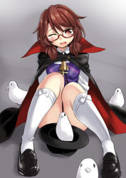 Rule 34 | 1girl, ;d, abe ranzu, bird, black footwear, black hat, blush, brown eyes, brown hair, cape, convenient censoring, dove, full body, glasses, hat, highres, jewelry, knees up, loafers, long sleeves, low twintails, necklace, one eye closed, open mouth, plaid, plaid vest, red-framed eyewear, semi-rimless eyewear, shoes, sitting, smile, socks, solo, swept bangs, tears, touhou, twintails, under-rim eyewear, usami sumireko, vest, white socks