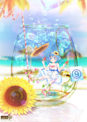 Rule 34 | 1girl, absurdres, air bubble, artist name, bare shoulders, barefoot, bendy straw, blue bow, blue eyes, blue hair, blue panties, blue ribbon, blush, bow, bubble, circled 9, cirno, closed mouth, collarbone, cup, drinking glass, drinking straw, flower, food, hair flower, hair ornament, hat, hat bow, highres, ice, ice cube, looking at viewer, nshot1402, outdoors, panties, popsicle, ramune, ribbon, short hair, solo, straw hat, summer, sunflower, sunflower hair ornament, touhou, underwear, watermelon bar