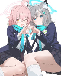 2girls ahoge animal_ear_fluff animal_ears black_skirt blue_archive blue_eyes blue_halo blue_necktie blue_scarf blush commentary_request cosplay cross cross_hair_ornament drive_shot fang grey_hair hair_between_eyes hair_flaps hair_ornament halo heart heart_hands heart_hands_duo highres hoshino_(blue_archive) huge_ahoge inverted_cross long_sleeves looking_at_viewer miniskirt multiple_girls necktie one_eye_closed open_mouth pink_hair pink_halo plaid_clothes plaid_skirt pleated_skirt scarf shiroko_(blue_archive) shiroko_(blue_archive)_(cosplay) shirt short_hair simple_background sitting skirt smile socks thighs white_background white_shirt white_socks wolf_ears wolf_girl yellow_eyes