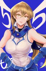 Rule 34 | 1girl, blonde hair, blue gloves, blue skirt, breasts, closed mouth, duel academy uniform (yu-gi-oh! gx), fingerless gloves, gloves, hair between eyes, highres, large breasts, long hair, looking at viewer, miniskirt, revolverwing, shirt, skirt, sleeveless, sleeveless jacket, smile, solo, straight hair, tenjouin asuka, yellow eyes, yu-gi-oh!, yu-gi-oh! gx