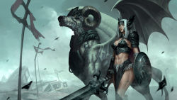 Rule 34 | 1girl, abs, armor, belt, bikini armor, boots, breastplate, breasts, cape, helmet, holding, holding shield, horns, legs, loincloth, long hair, looking to the side, medium breasts, original, pauldrons, phamoz, sheep horns, shield, shoulder armor, silver hair, solo, sword, toned, valkyrie, warrior, weapon, winged helmet