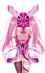Rule 34 | 1girl, ahoge, ass, asymmetrical legwear, back, bad id, bad pixiv id, bare shoulders, black thighhighs, bow, cowboy shot, dk.senie, dress, from behind, halter dress, halterneck, highres, long hair, low wings, mask, original, panties, pink dress, pink hair, robot ears, short dress, solo, striped clothes, striped thighhighs, tail, thighhighs, twintails, underwear, uneven legwear, very long hair, white background, white panties, wings