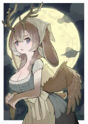 Rule 34 | 1girl, absurdres, animal ears, antlers, apron, bow, braid, breasts, brown hair, buttons, claws, cleavage, cloud, commentary request, cryptid, dead animal, dress, fang, framed, full moon, grey eyes, hair between eyes, head scarf, highres, horns, large breasts, low twintails, low wings, moon, mouse (animal), multicolored hair, night, original, outside border, rabbit ears, rabbit tail, sakutake (ue3sayu), short hair, sidelocks, solo, tail, twintails, two-tone hair, wings, wolpertinger girl