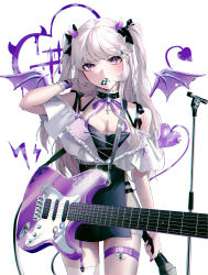 Rule 34 | 1girl, absurdres, black bow, black choker, black dress, blush, bow, breasts, choker, cleavage, cowboy shot, dalla (888 dalae), demon horns, demon tail, demon wings, dress, frilled choker, frills, guitar, hair bow, hair ornament, hand in own hair, hand up, heart, heart hair ornament, highres, holding, holding microphone, horns, instrument, long hair, looking at viewer, medium breasts, microphone, nail polish, neck ribbon, original, plectrum in mouth, purple eyes, purple nails, purple ribbon, ribbon, shirt, short sleeves, silver hair, simple background, single thighhigh, solo, standing, tail, thigh strap, thighhighs, two side up, white background, white shirt, white thighhighs, wings, wrist cuffs