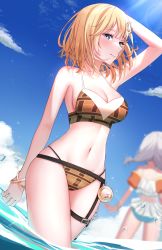 Rule 34 | 2girls, bare shoulders, bikini, blonde hair, blue eyes, blurry, blurry background, blush, breasts, cleavage, closed mouth, cowboy shot, dutch angle, garter straps, groin, hair ornament, hand on own head, highres, hololive, hololive english, keipup, large breasts, looking at viewer, medium breasts, medium hair, multiple girls, navel, plaid, plaid bikini, pocket watch, sky, smile, solo focus, summer, swimsuit, syringe, virtual youtuber, wading, watch, water, watson amelia, wristband