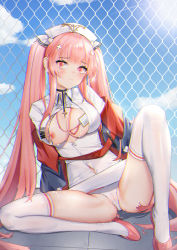 Rule 34 | 1girl, azur lane, breasts, cameltoe, center opening, gloves, hair ornament, half gloves, hat, id card, lactation, large breasts, long hair, looking at viewer, lueluelue-lue, nipple slip, nipples, nurse, nurse cap, outdoors, perseus (azur lane), perseus (unfamiliar duties) (azur lane), pink eyes, pink footwear, pink gloves, pink hair, pussy juice, sitting, solo, spread legs, thighhighs, thighs, twintails, very long hair, white hat, white thighhighs