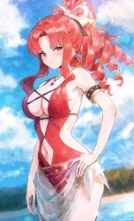 Rule 34 | 1girl, akino (princess connect!), akino (summer) (princess connect!), armlet, bare shoulders, breasts, cleavage, clothing cutout, day, drill hair, hair ribbon, highres, jewelry, large breasts, lens flare, long hair, looking at viewer, navel, navel cutout, necklace, one-piece swimsuit, outdoors, parted bangs, princess connect!, purple eyes, red hair, red one-piece swimsuit, ribbon, see-through, sidelocks, smile, solo, sonchi, split mouth, standing, swimsuit, water, white ribbon