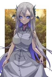 Rule 34 | 1girl, absurdres, breasts, bright pupils, buttons, closed mouth, collared dress, dress, grey dress, grey hair, hair between eyes, head wings, highres, horizontal pupils, indie virtual youtuber, large breasts, long hair, mentally deficient, mole, mole under mouth, photo inset, pochimaru (vtuber), skirt hold, sleeveless, sleeveless dress, solo, teardrop facial mark, virtual youtuber, white pupils, wings
