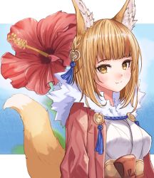 Rule 34 | 1girl, animal ear fluff, animal ears, blue sky, blunt bangs, breasts, brown hair, clothing request, commentary request, day, eyelashes, fang, fire emblem, fire emblem fates, flower, fox ears, fox tail, fur collar, fuussu (21-kazin), hair ornament, japanese clothes, letterboxed, light blush, looking at viewer, medium breasts, medium hair, multicolored hair, nintendo, orange hair, orange tail, outdoors, outside border, red flower, selkie (fire emblem), sky, smile, solo, streaked hair, tail, tail raised, two-tone hair, upper body, yellow eyes