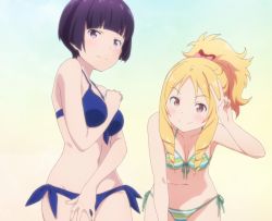 Rule 34 | 10s, 2girls, bikini, black hair, blonde hair, blush, breasts, brown eyes, embarrassed, eromanga sensei, large breasts, leaning forward, looking at viewer, multiple girls, purple eyes, purple hair, senju muramasa, simple background, small breasts, stitched, striped bikini, striped clothes, swimsuit, tagme, third-party edit, yamada elf