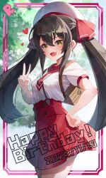 Rule 34 | 1girl, absurdres, black hair, blush, breasts, commentary request, dated, fang, happy birthday, heart, highres, idolmaster, idolmaster cinderella girls, long hair, looking at viewer, matoba risa, outdoors, red skirt, satoyama meu, shirt, short sleeves, skin fang, skirt, small breasts, smile, solo, twintails, v, very long hair, white headwear, white shirt