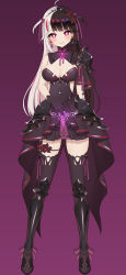 Rule 34 | 1girl, absurdres, ahoge, armor, black gloves, black hair, boots, breasts, brooch, closed mouth, corruption, dark persona, dress, earrings, full body, gloves, glowing tattoo, hairband, heart, heart-shaped pupils, highres, jewelry, knee boots, light blush, looking at viewer, medium breasts, multicolored hair, nijisanji, pubic tattoo, pubic tattoo through clothing, purple background, purple ribbon, red eyes, ribbon, shoulder armor, simple background, solo, spiked hairband, spikes, standing, strapless, strapless dress, symbol-shaped pupils, tattoo, thighhighs, two-tone hair, two side up, virtual youtuber, white hair, yorumi rena, yukamikayu