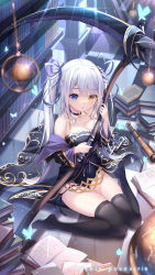 Rule 34 | 1girl, bad id, bad pixiv id, bare shoulders, black choker, black coat, black dress, black panties, black thighhighs, blue eyes, blurry, book, book stack, breasts, bug, butterfly, checkered floor, choker, cleavage, coat, collarbone, depth of field, dress, gold trim, hair ornament, hairclip, heterochromia, highres, holding, holding scythe, insect, large breasts, library, long hair, long sleeves, looking at viewer, no shoes, off shoulder, on floor, open clothes, open coat, original, panties, parted lips, sannio, scythe, short dress, side-tie panties, sitting, sleeveless, sleeveless dress, solo, spaghetti strap, string panties, thighhighs, thighs, twintails, underwear, very long hair, wariza, white hair, yellow eyes