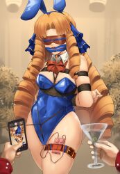 Rule 34 | 1girl, absurdres, animal ears, arms behind back, bdsm, blindfold, blonde hair, blue bow, blue leotard, bondage, bound, bound arms, bow, breasts, cleavage, cloth gag, collar, commission, covered navel, dankestofdans, drill hair, fate/hollow ataraxia, fate (series), gag, hair bow, highres, improvised gag, large breasts, leotard, long hair, luviagelita edelfelt, object insertion, playboy bunny, rabbit ears, sex toy, shibari, shibari over clothes, solo, thigh strap, vaginal, vaginal object insertion, very long hair, vibrator