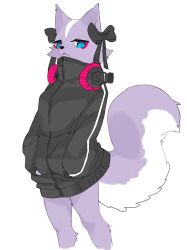 Rule 34 | 1girl, :&lt;, aggressive retsuko, animal nose, black bow, black jacket, blue eyes, body fur, bottomless, bow, breasts, closed mouth, expressionless, eyeshadow, female focus, furry, furry female, hair bow, half-closed eyes, hands in pockets, headphones, headphones around neck, high collar, highres, jacket, kame (3t), legs, looking at viewer, makeup, purple fur, red eyeshadow, shikabane (aggretsuko), simple background, skunk ears, skunk girl, skunk tail, slit pupils, small breasts, solo, tail raised, two-tone fur, white background, white fur, zipper, zipper pull tab