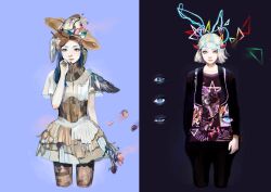 Rule 34 | 2girls, absurdres, black nails, blue eyes, blue hair, bow, corset, detached collar, disembodied eye, dress, earrings, expressionless, eyeshadow, fake wings, fashion, flower, green eyes, hair behind ear, hair over shoulder, hand on own face, hat, headpiece, heterochromia, highres, holding, holding flower, horns, jacket, jewelry, junjunforever, lace, lace trim, long hair, makeup, multiple girls, nail polish, original, pants, pantyhose, petals, print pantyhose, print shirt, shirt, short hair, single wing, triangle, white hair, wings